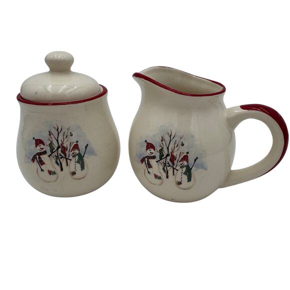 Royal Season Cream and Sugar Set Stoneware Snowman Winter Christmas Dishes - Picture 1 of 7